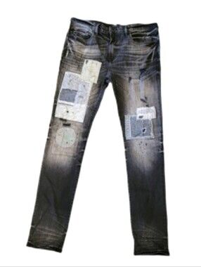 PRPS Le Sabre Stretch-Black Fade Destressed Parchwork Slim Fit Size 34